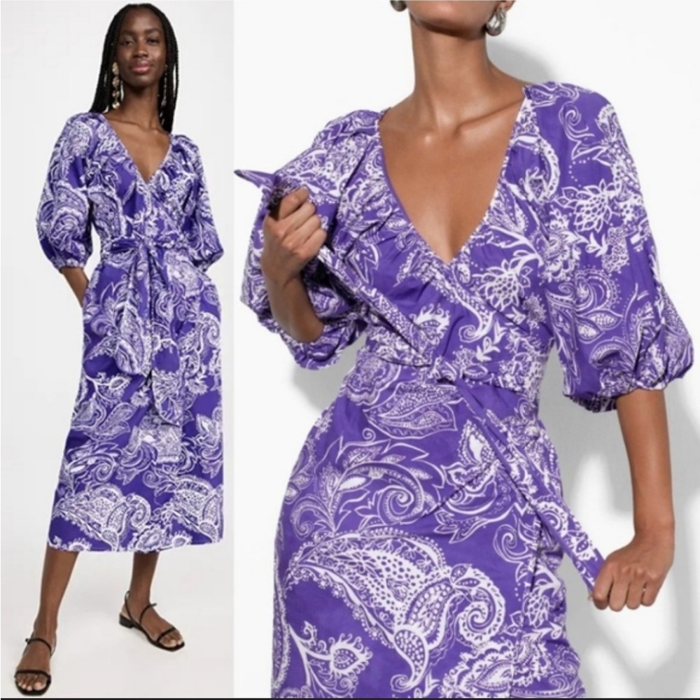 NWT Mara Hoffman Fila Midi Off Shoulder Wrap Dress Purple 3/4 Puff Sleeves XXS